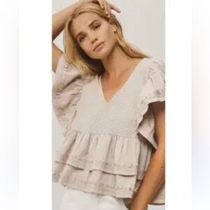 Anthropologie Ruffle Sleeve Tiered Knit Top Baby Doll Beige Textured Women’s L